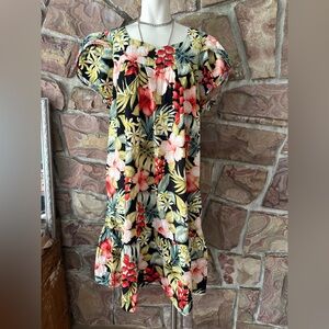 Vintage Royal Creations Dress Womens XL Black Floral Hawaiian Square Neck Swing